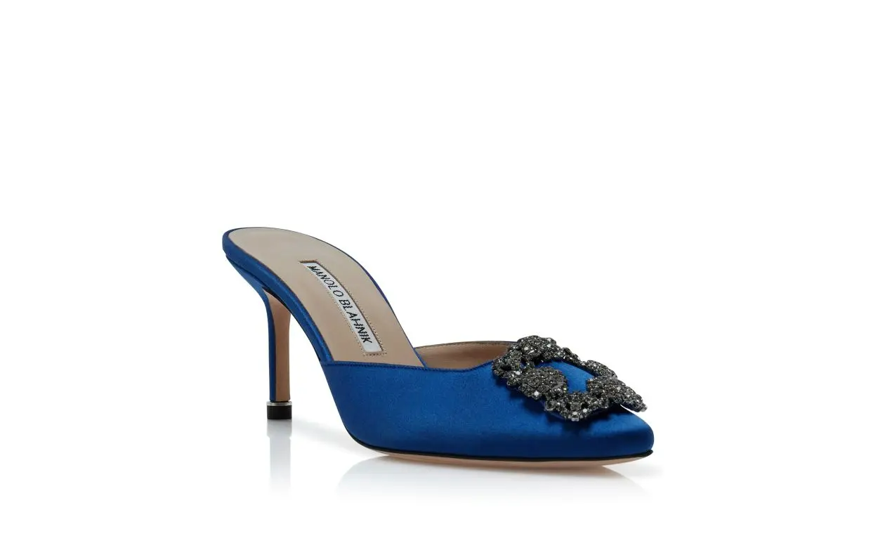 HANGISIMU BLUE SATIN JEWEL BUCKLE MULES 