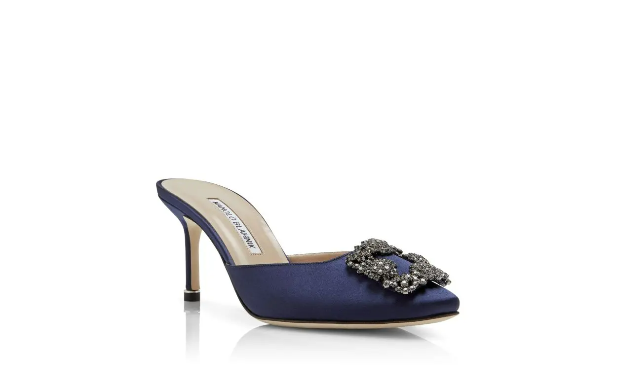 HANGISIMU NAVY BLUE SATIN JEWEL BUCKLE MULES