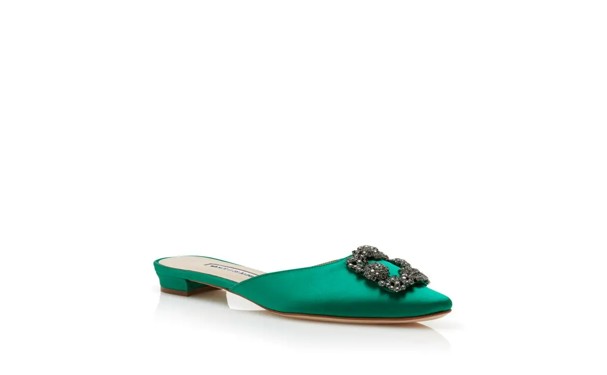 HANGISIMUFLAT GREEN SATIN JEWEL BUCKLE FLAT MULES