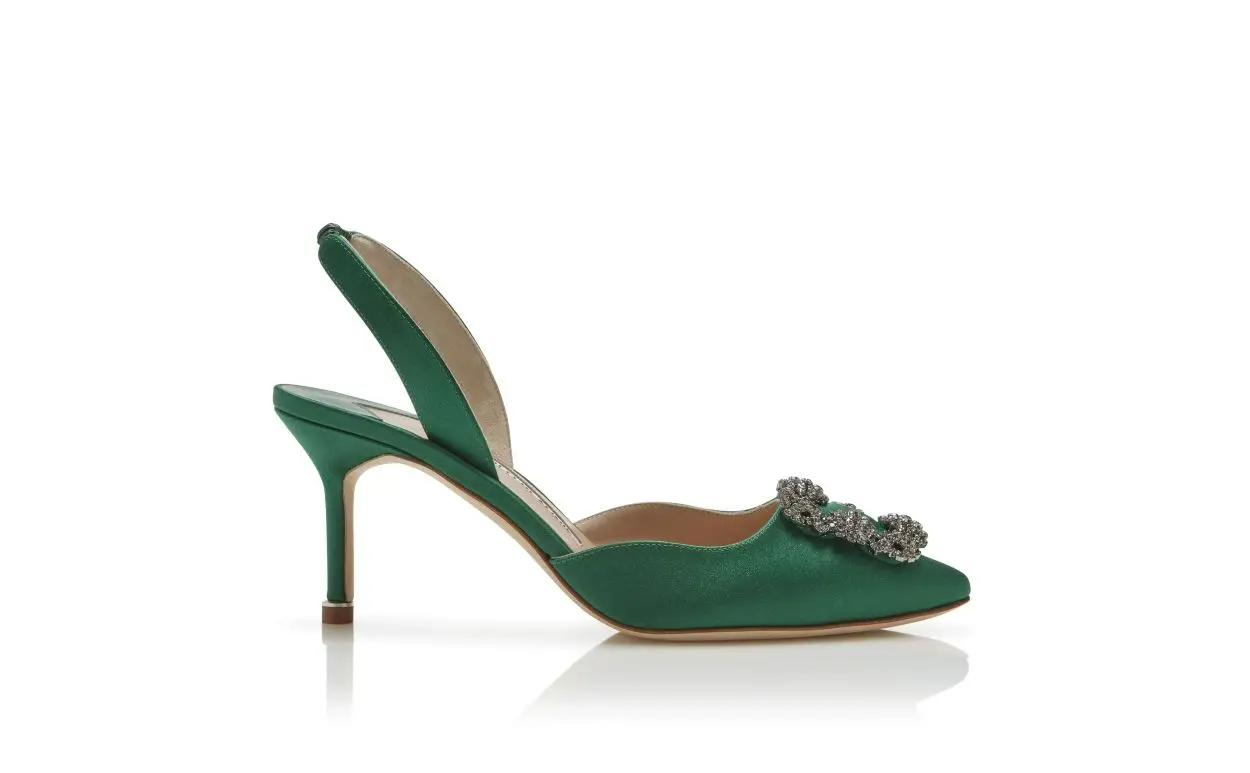 HANGISLI GREEN SATIN JEWEL BUCKLE SLINGBACK PUMPS 