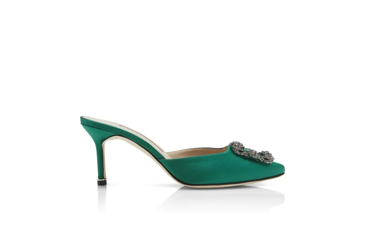 HANGISIMU GREEN SATIN JEWEL BUCKLE MULES 