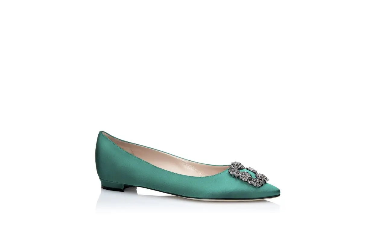 HANGISIFLAT Green Satin Jewel Buckle Flat Shoes