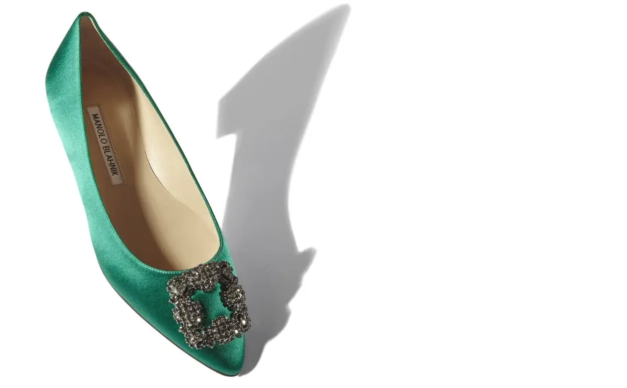 HANGISIFLAT Green Satin Jewel Buckle Flat Shoes