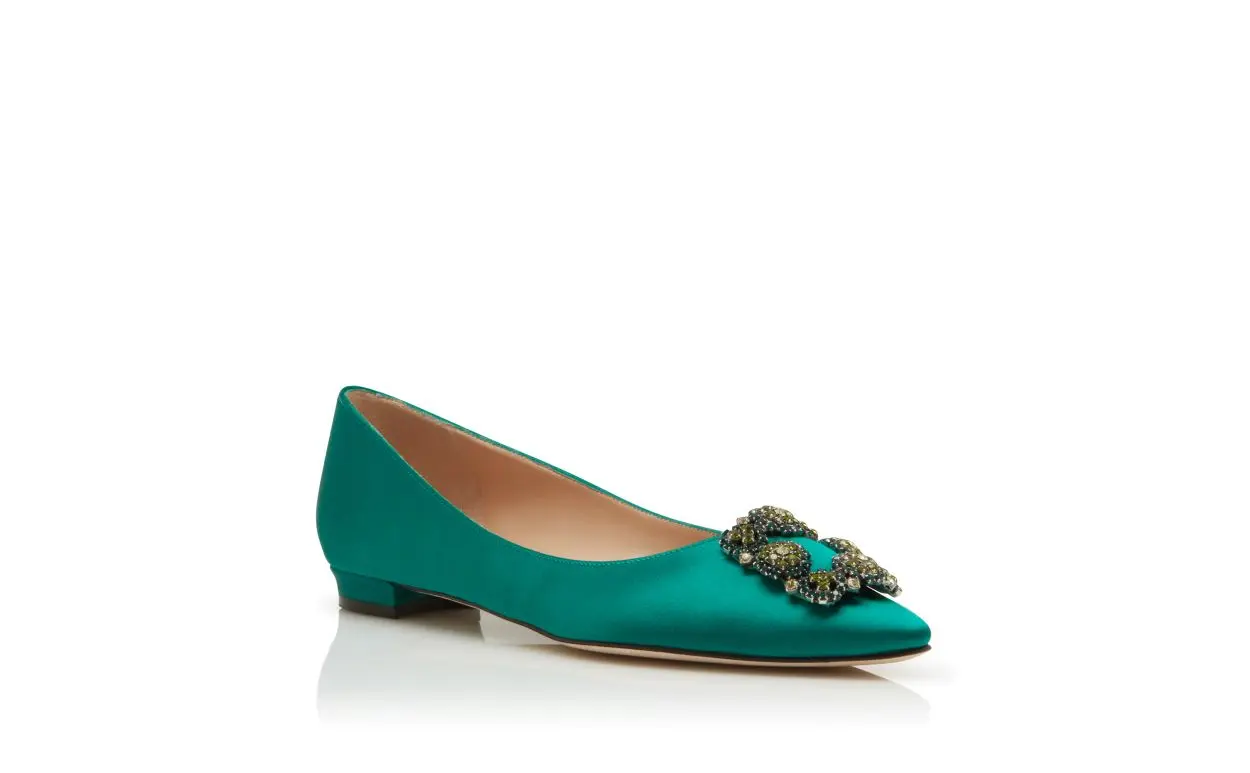 HANGISIFLAT BIS Green Satin Jewel Buckled Flats