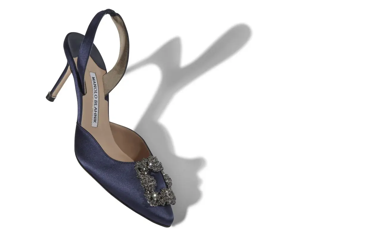 HANGISLI Navy Blue Satin Jewel Buckle Slingback Pumps