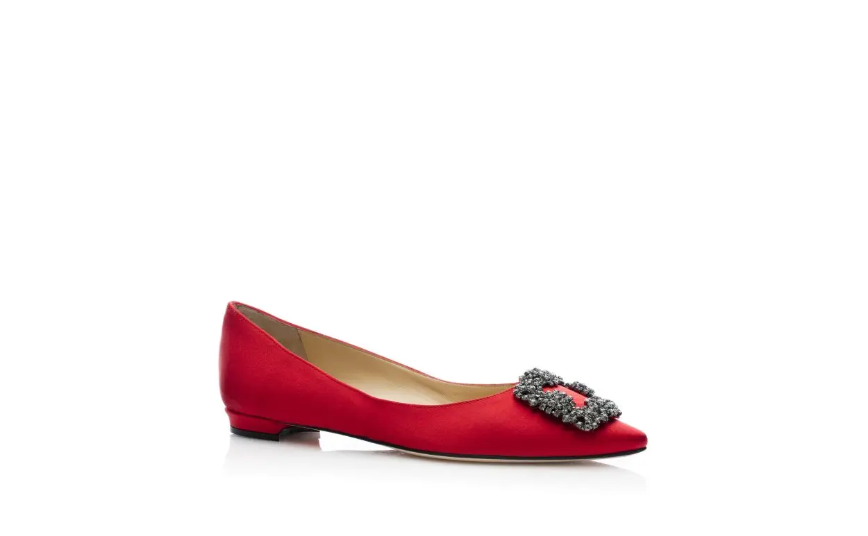 HANGISIFLAT Red Satin Jewel Buckle Flat Shoes