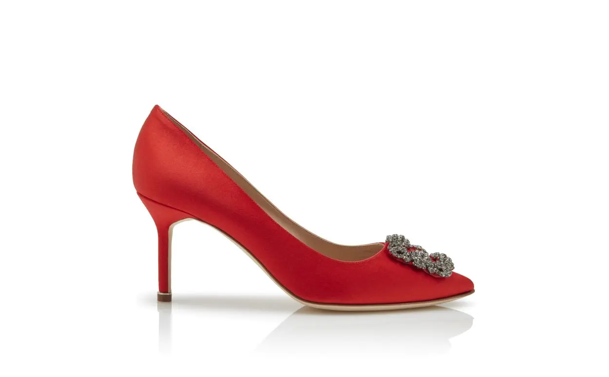 HANGISI 70 RED SATIN JEWEL BUCKLE PUMPS
