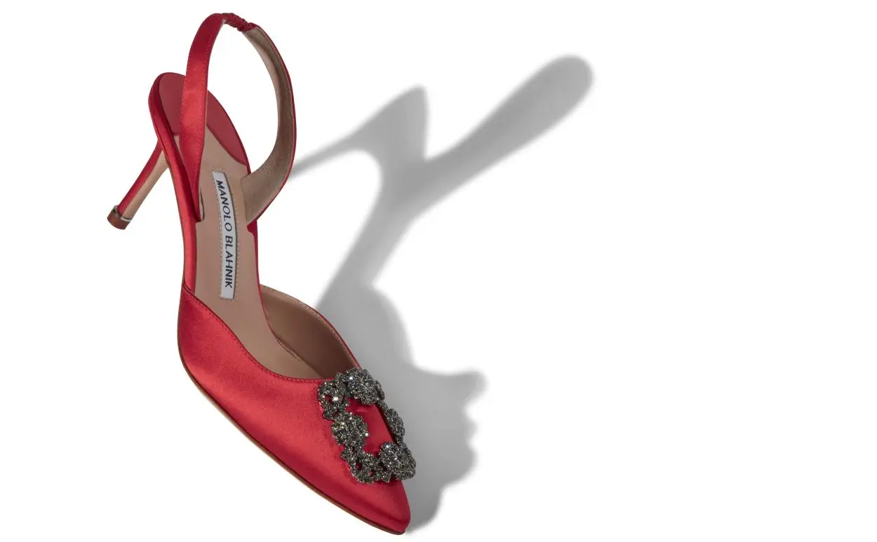 HANGISLI Red Satin Jewel Buckle Slingback Pumps