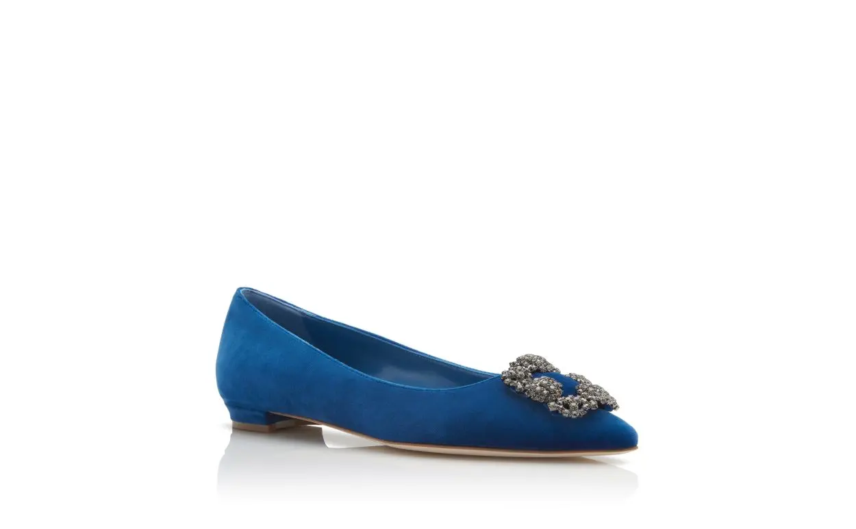 HANGISIFLAT VELVET Bright Blue Jewel Buckle Flat Shoes