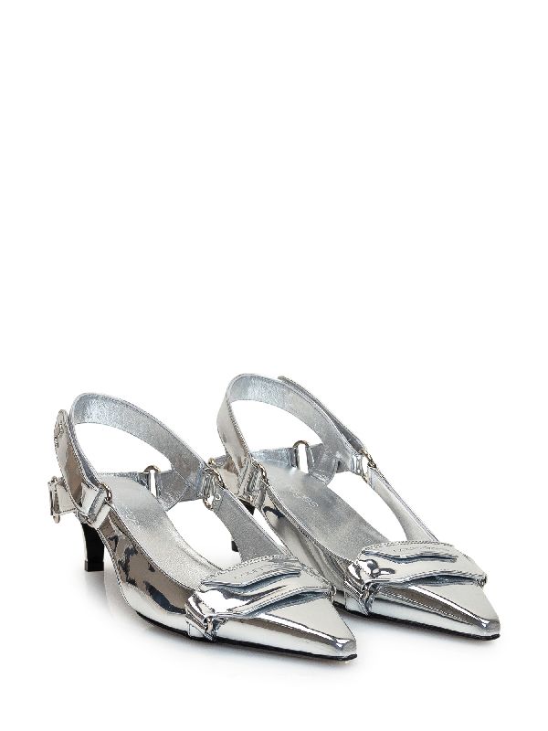 silver patent logo racer slingback heels