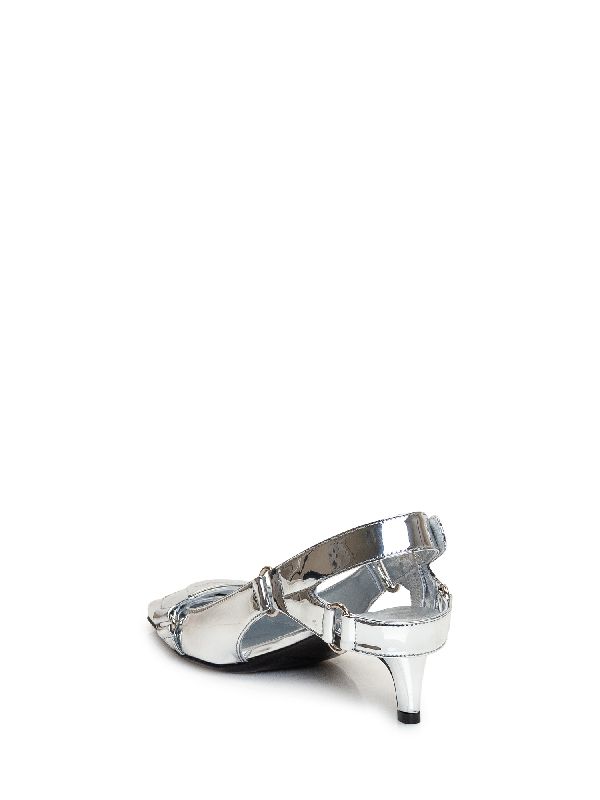 silver patent logo racer slingback heels