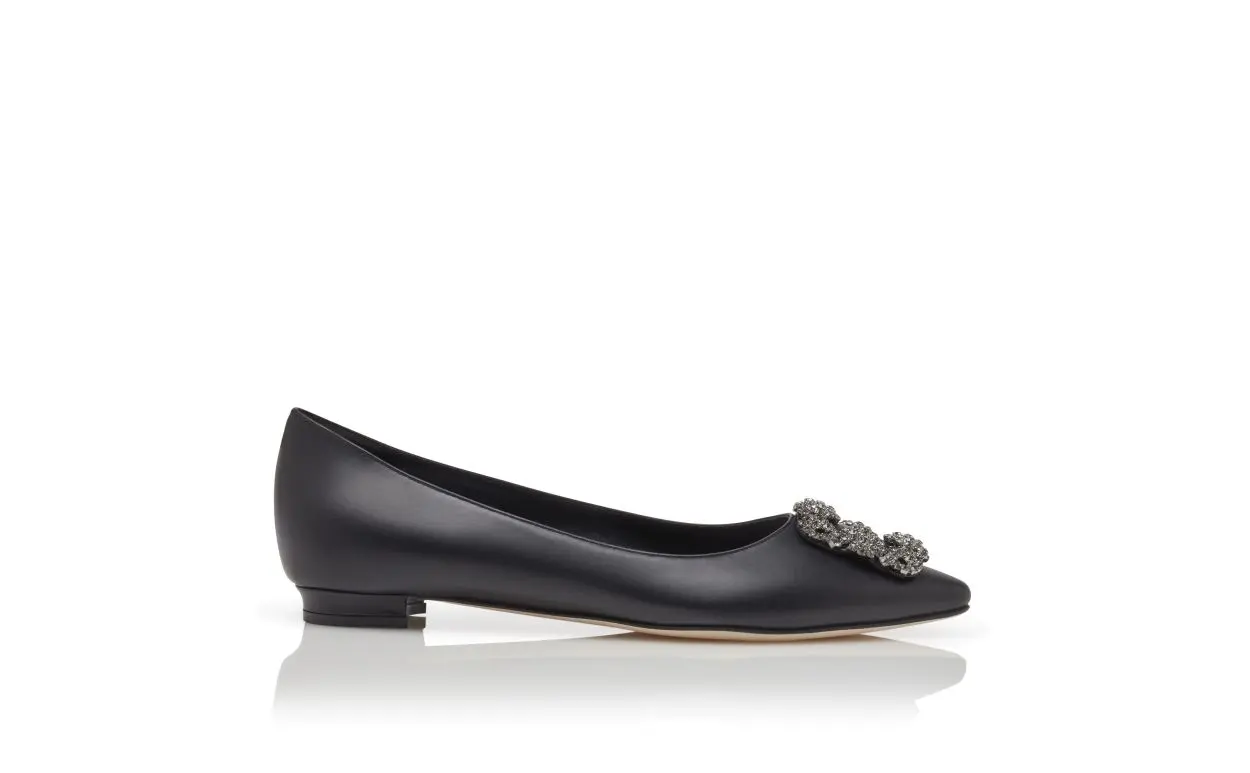 HANGISIFLAT Black Calf Leather Jewel Buckle Flat Shoes