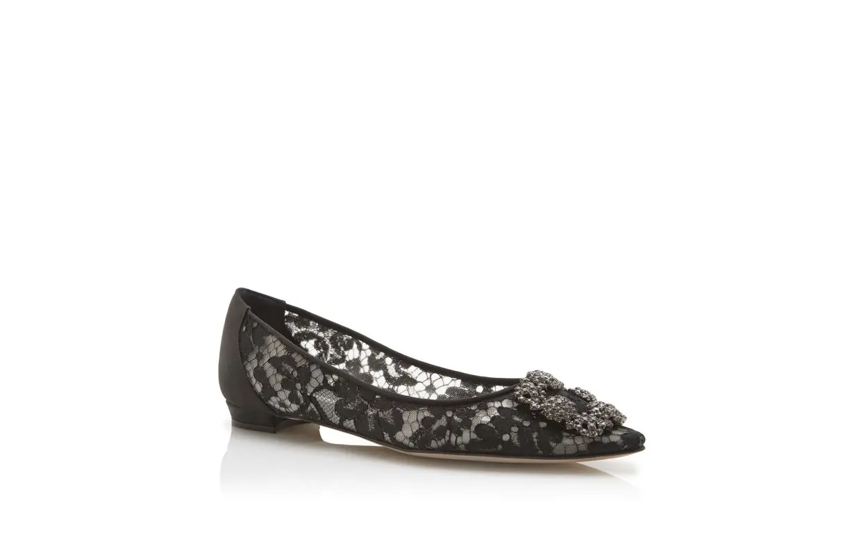HANGISIFLAT LACE Black Lace Jewel Buckle Flat Shoes