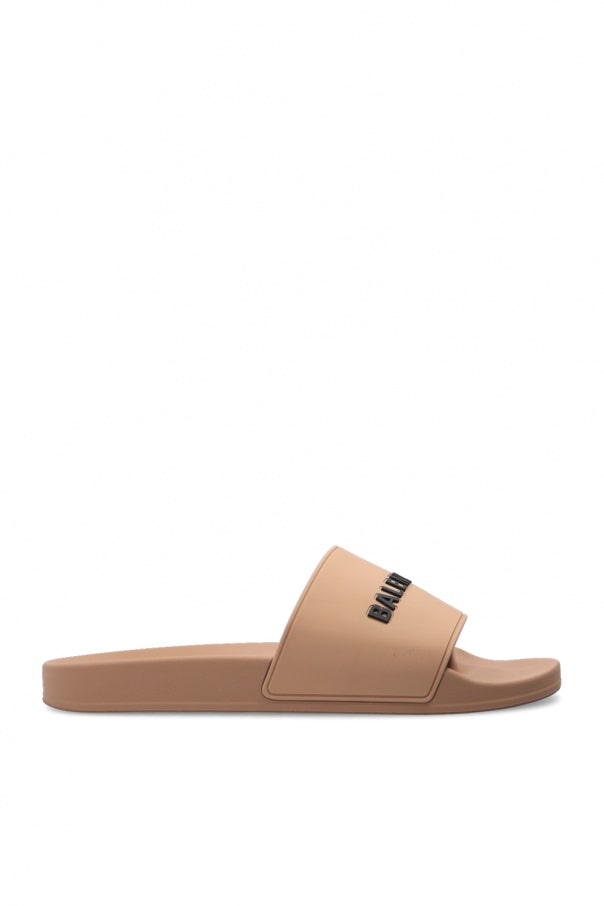 BALENCIAGA BROWN ‘POOL’ SLIDES WITH LOGO