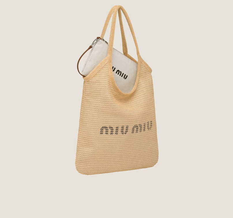 Miu Miu MIUMIU Raffia and Linen Tote Bag Tan