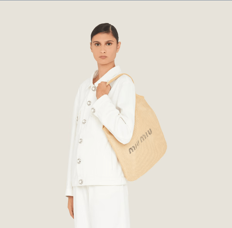 Miu Miu MIUMIU Raffia and Linen Tote Bag Tan