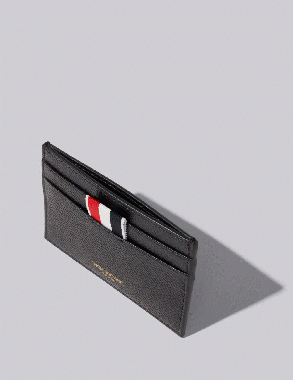 Black Pebble Grain Leather Grosgrain Tab Double Sided Card Holder