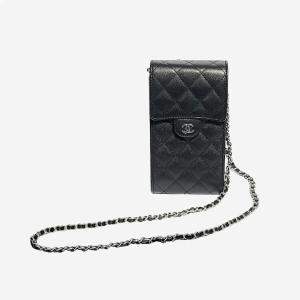Chanel Phone Holder with Chain Graind Calfskin & Silver Black