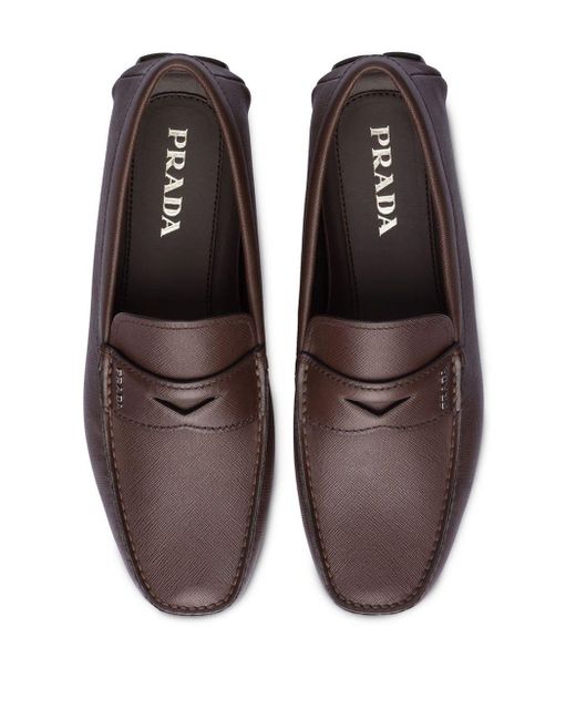 Prada Saffiano triangle logo loafers brown