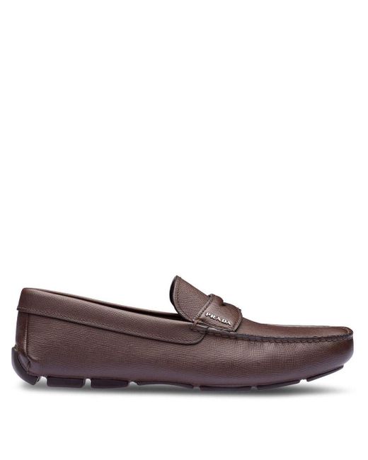 Prada Saffiano triangle logo loafers brown