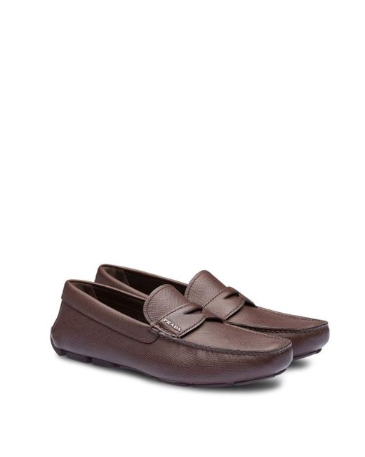 Prada Saffiano triangle logo loafers brown