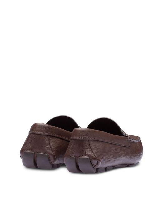 Prada Saffiano triangle logo loafers brown