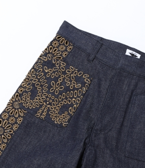 cotton denim flower embroidered pants