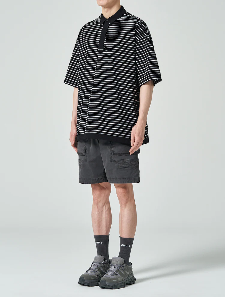 Cotton Stripe Short Sleeve Collar T-Shirt - Gray