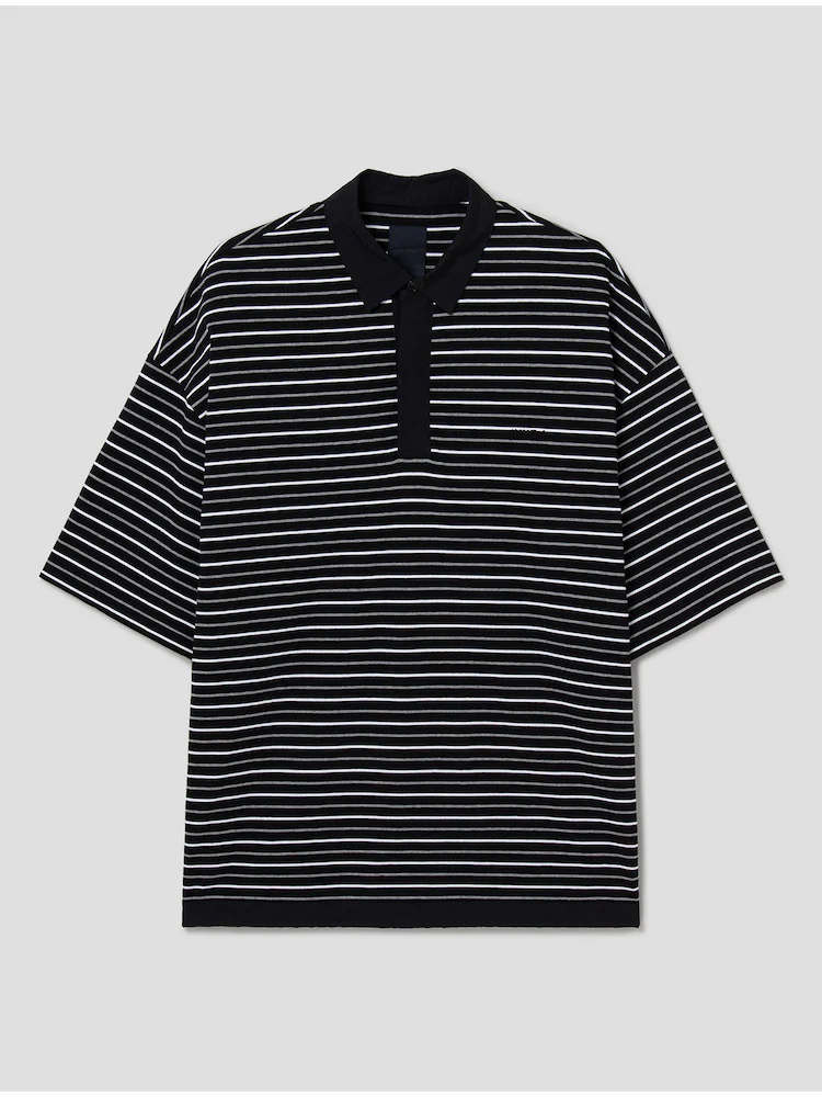 Cotton Stripe Short Sleeve Collar T-Shirt - Gray