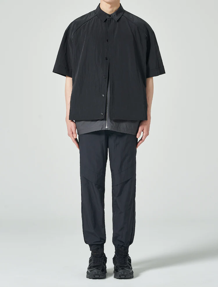 Layered Short Sleeve Zip Up Shirt - Gray