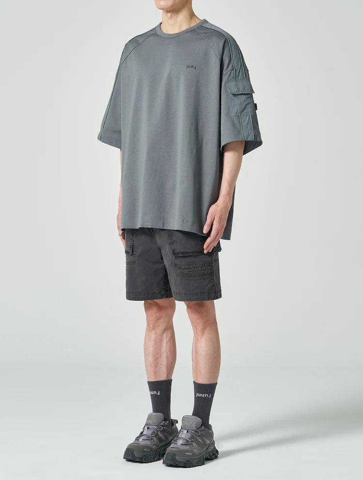 Nylon Pocket Detail Cotton Short Sleeve T-Shirt - Khaki