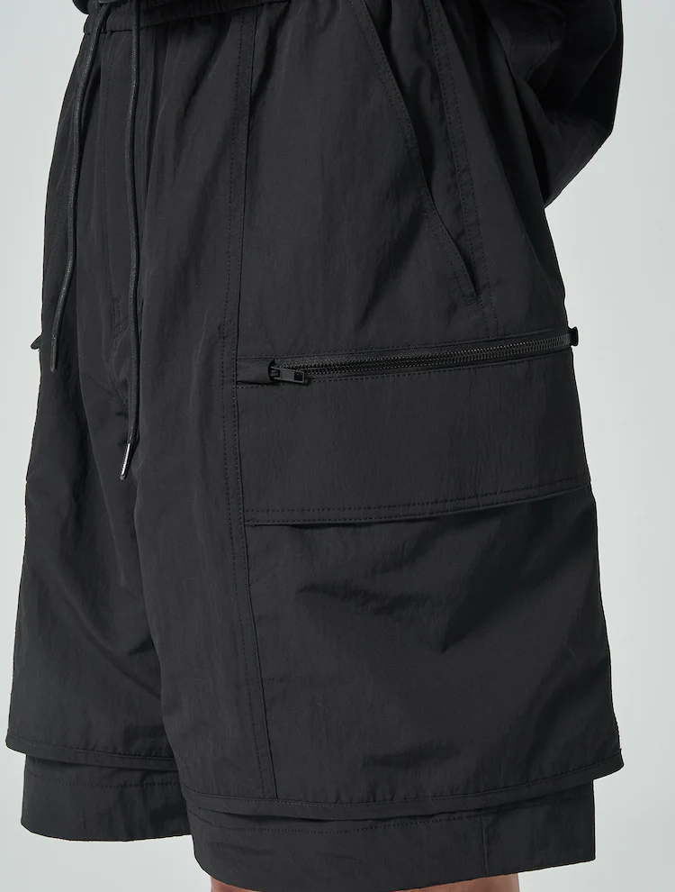 Nylon Layered Detail Long Short Pants - Black