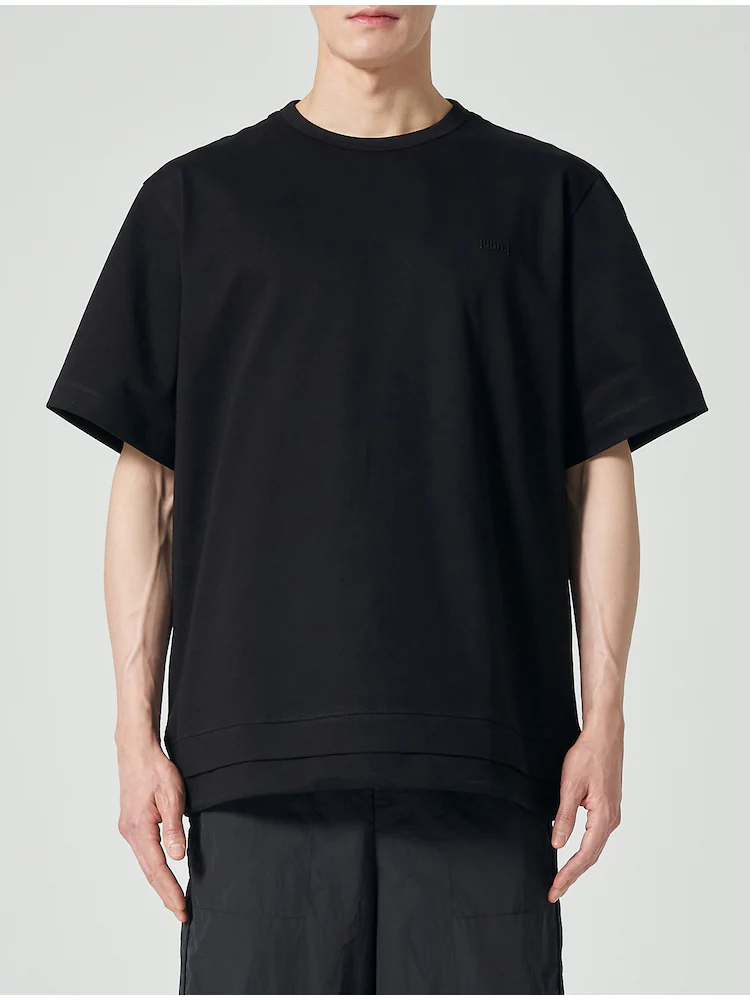 Cotton String Detail Layered T-Shirt - Black