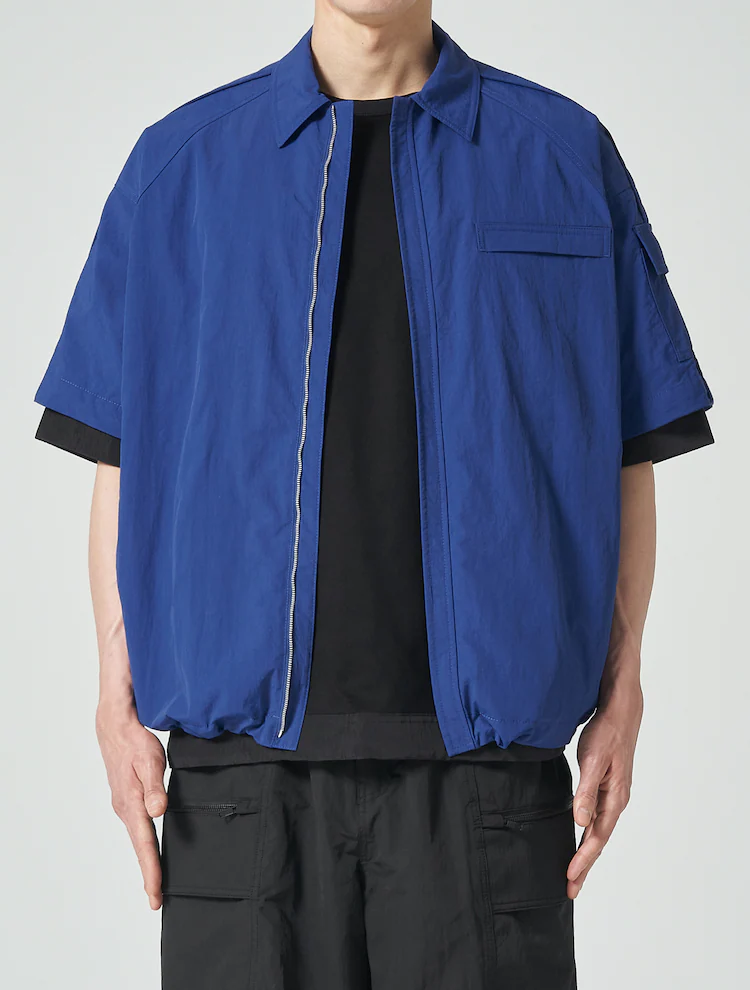 Raglan Zip Up Short Sleeve Shirt - Blue