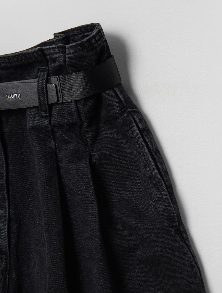 Real Leather Belted Denim Wide Pants - Black