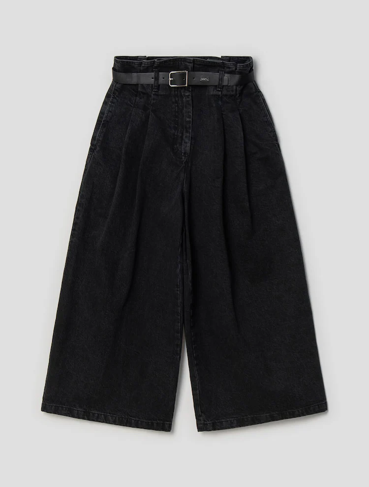Real Leather Belted Denim Wide Pants - Black