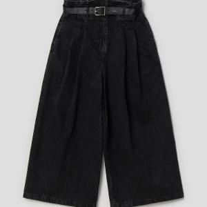 Real Leather Belted Denim Wide Pants - Black