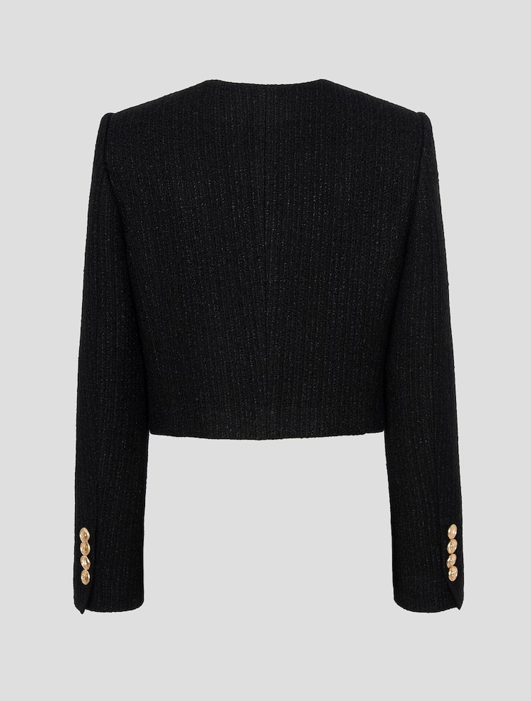 Tweed Round Neck Gold Button Cropped Jacket - Black