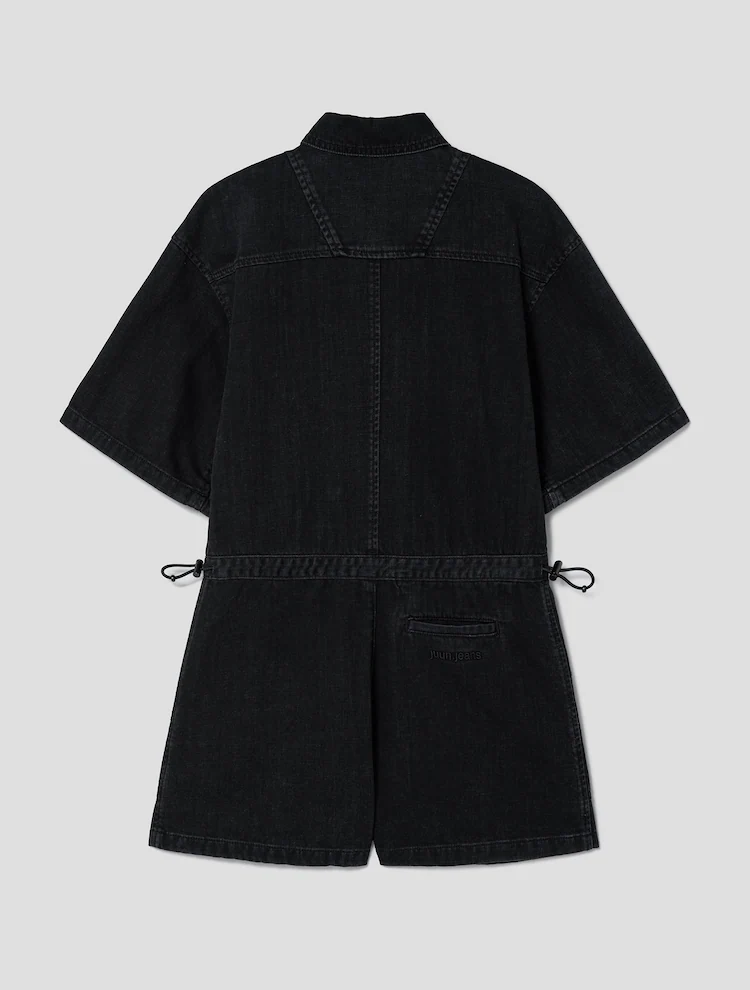 Denim Half Sleeve Jumpsuit - Black