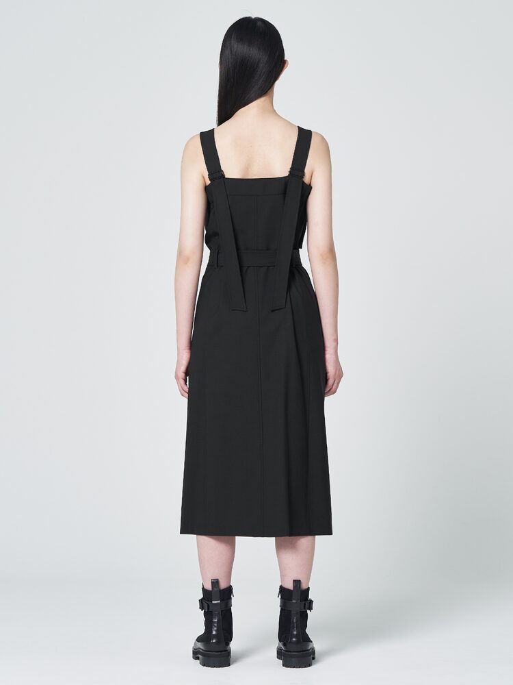Wool Blended Outpocket Overall Midi Dress - Black