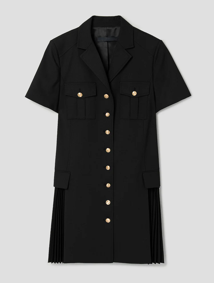 Wool Blended Low Rise Gold Button Shirt Dress - Black