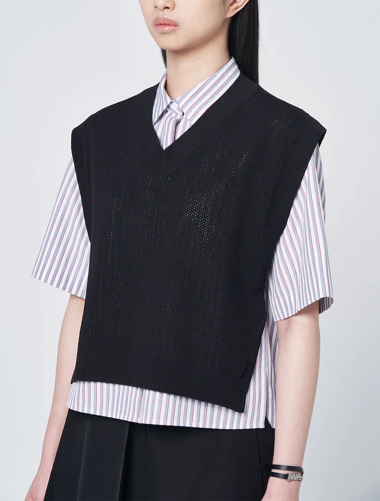 Carryover Knit Vest Patch Short Sleeve Shirt - Red/Stripe