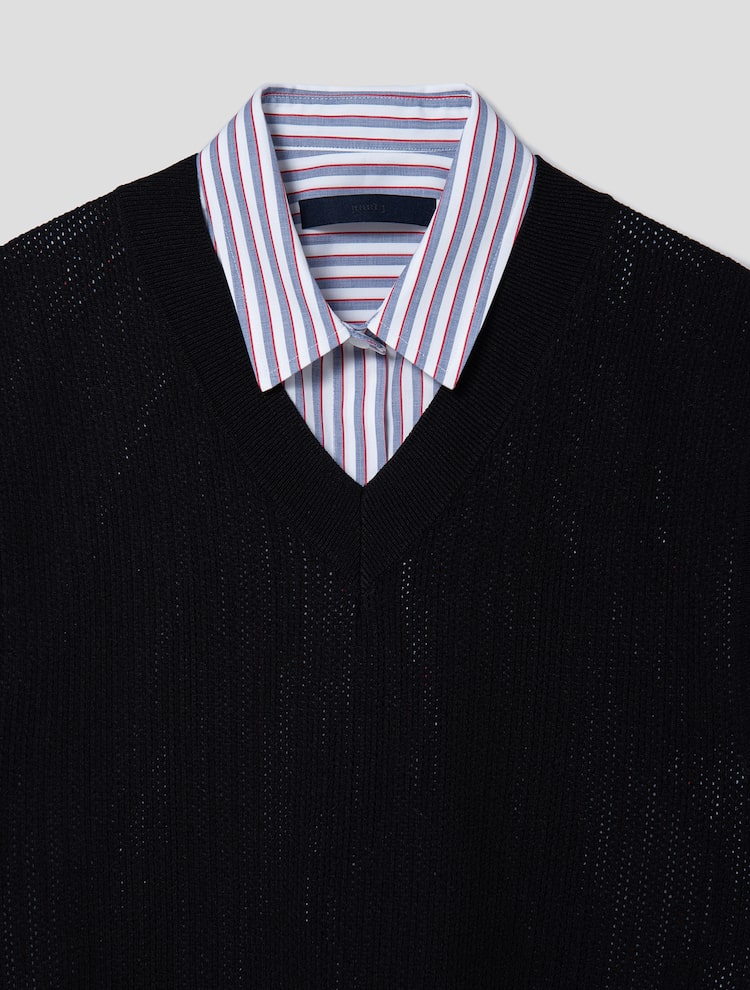 Carryover Knit Vest Patch Short Sleeve Shirt - Red/Stripe