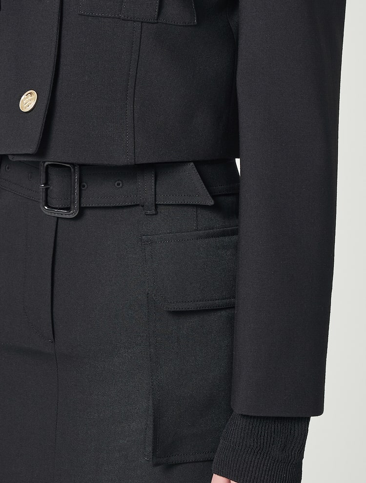 Wool Blended Military Cropped Outpocket Jacket - Black