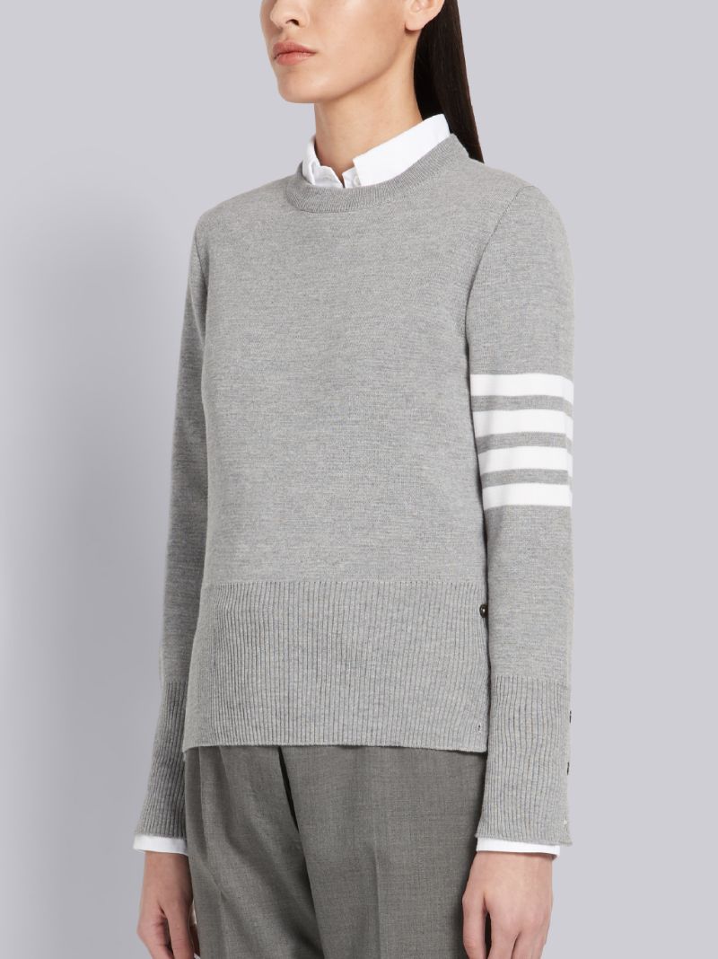 LIGHT GRAY MILANO STITCH FINE MERINO WOOL 4-BAR CREWNECK CARDIGAN