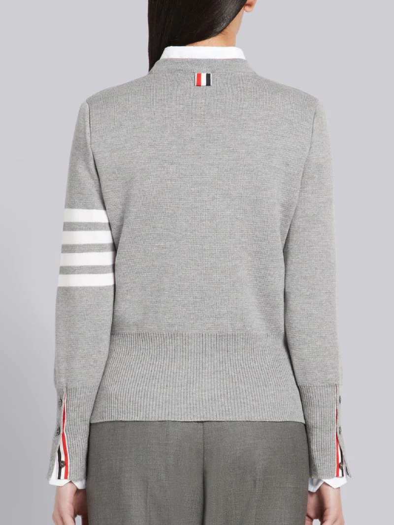 LIGHT GRAY MILANO STITCH FINE MERINO WOOL 4-BAR CREWNECK CARDIGAN