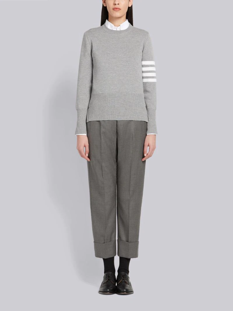 LIGHT GRAY MILANO STITCH FINE MERINO WOOL 4-BAR CREWNECK CARDIGAN