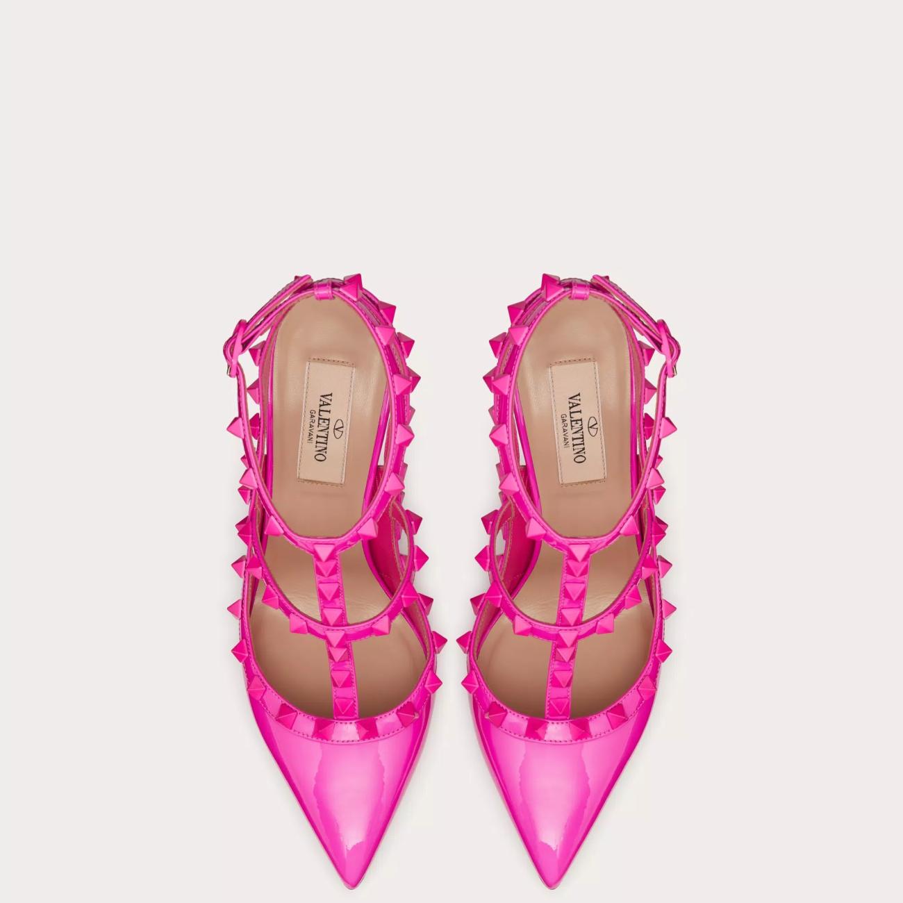 TONE-ON-TONE STUD-EMBELLISHED PATENT LEATHER ROCKSTUD STRAP PUMPS 100MM