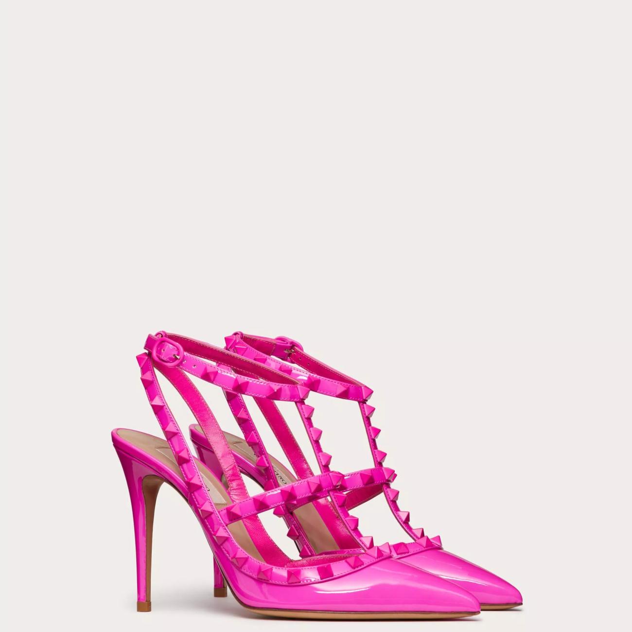 TONE-ON-TONE STUD-EMBELLISHED PATENT LEATHER ROCKSTUD STRAP PUMPS 100MM