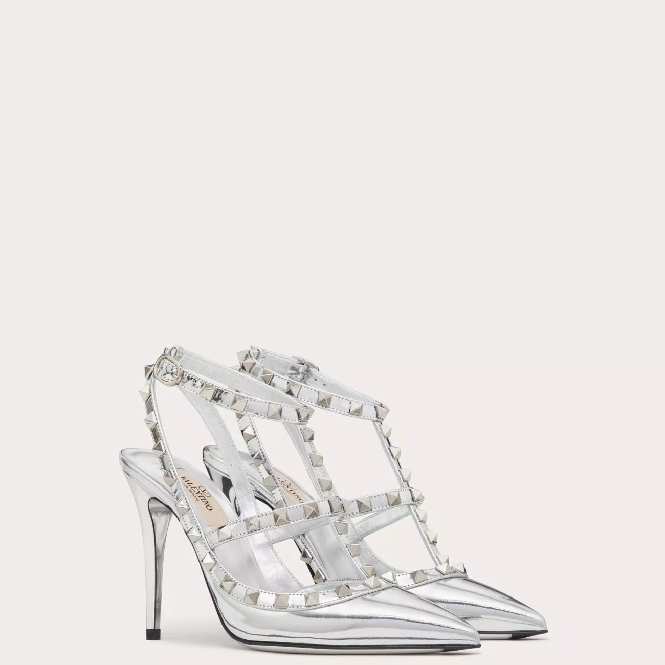 ROCKSTUD MIRROR EFFECT PUMPS WITH MATCHING STRAP & STUD DETAILS 100MM